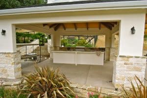 Large outdoor kitchen beneath a sturdy roof in the Bay Area
